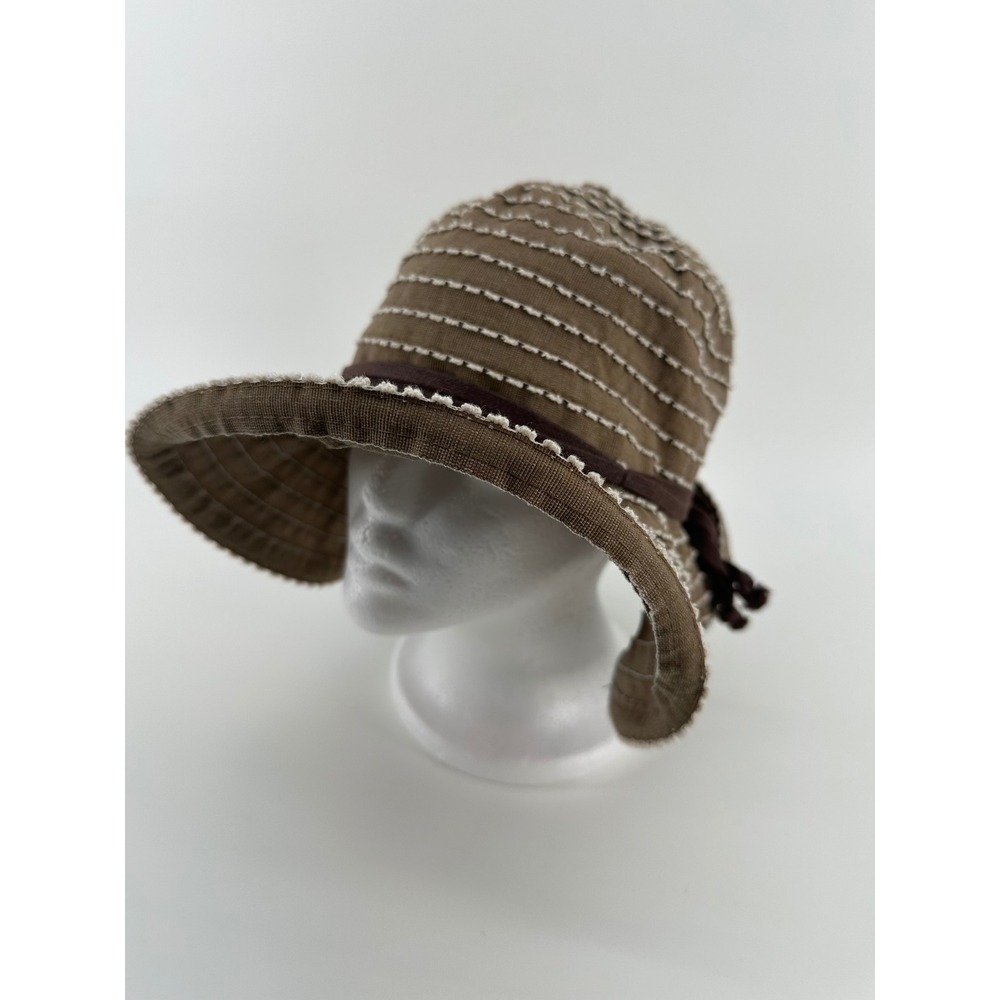 Scala Collezione Brown Packable Sun Hat White Contrast Stitch Wide Brim One Size